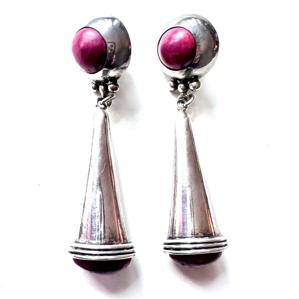 Sterling Silver Gemstone Dangle Post Earrings Artisan Crafted Cranberry Red